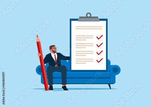 Job vacancy. Businessman holding red pencil and fill list while comfortably sitting on a couch. Interview assessment. Survey form with red pencil. Modern vector illustration in flat style
