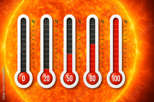 Thermometers showing rising temperature levels from 0 to 100 percent in front of burning sun, concept of global warming, climate change, extreme heat, energy crisis, and environmental temperature scal photo