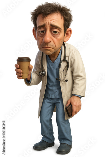 Tired doctor holding coffee looking weary in hospital setting  
