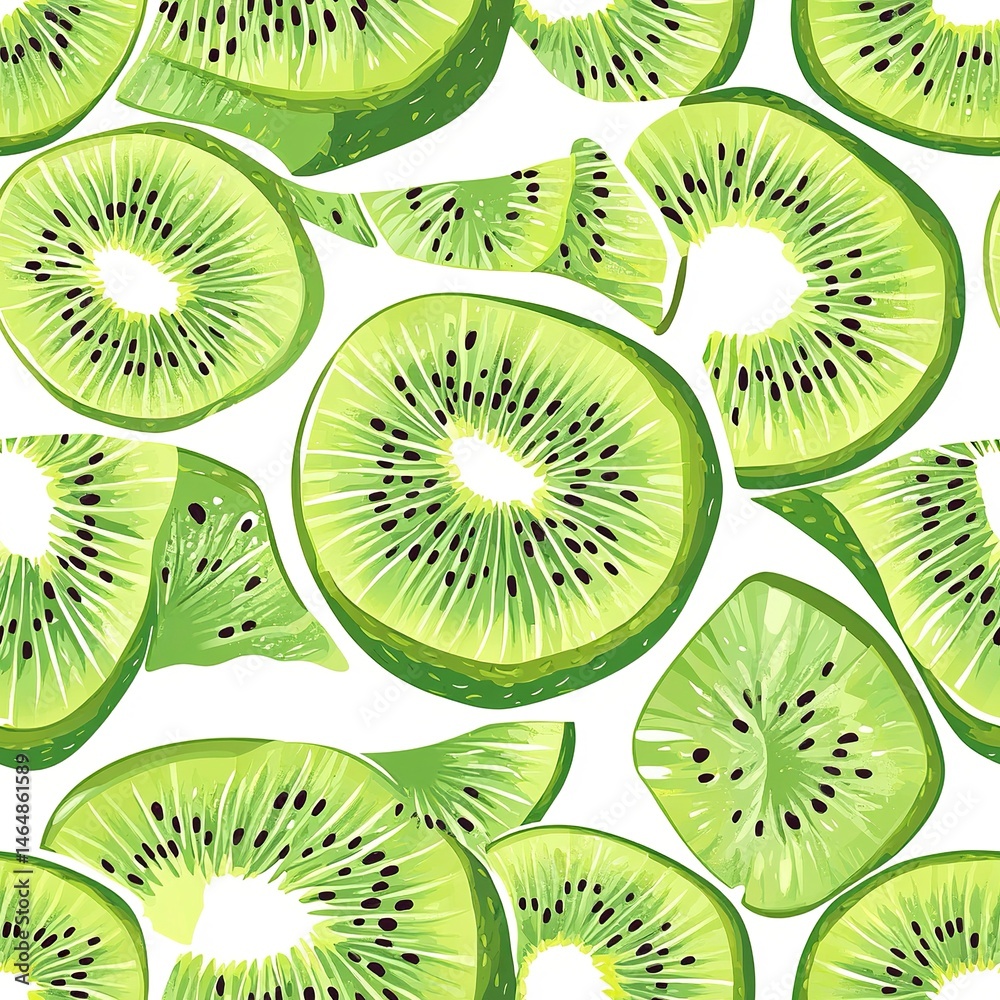 Fototapeta premium Bright and juicy tropical fruit pattern featuring green kiwi slices and minimalist seed dots. --tile 