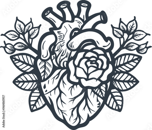 Detailed engraved drawing of an anatomical human heart with blooming roses and leaves in Victorian medical and gothic etching style


