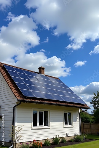 photovoltaic or solar panels on a detached home with a yard in front of a beautiful sky.