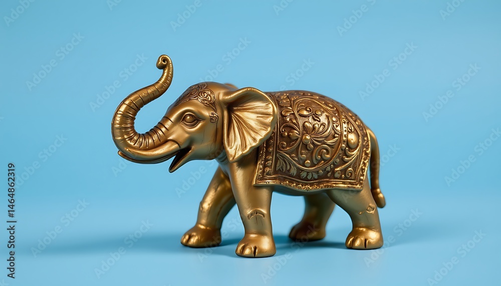 Fototapeta premium a traditional thai gold painted wooden elephant figurine isolated on a deep blue background.