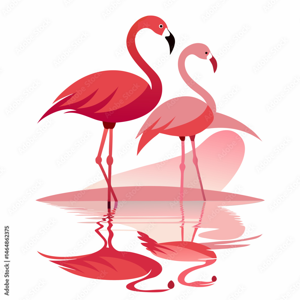 Fototapeta premium Elegant Flamingo Silhouettes with Water Reflection Minimal Vector Art