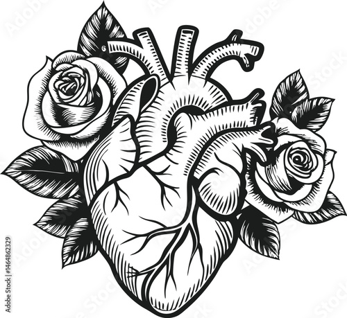 Detailed engraved drawing of an anatomical human heart with blooming roses and leaves in Victorian medical and gothic etching style

