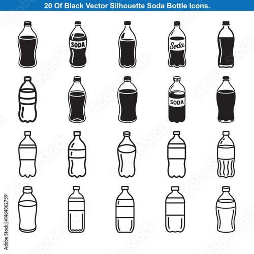 Twenty Black Soda Bottle Icons Silhouette vector collection.