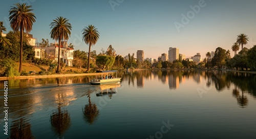 Sunset Serenity at Echo Park Lake: A Captivating View of Downtown Los Angeles and Hollywood with Long Exposure Reflections