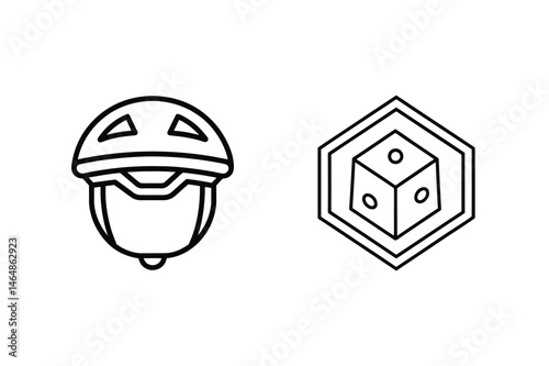 Outline drawings of a bicycle helmet and a dice within a geometric hexagonal frame