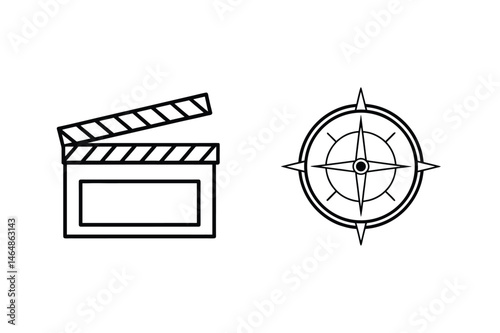 Simple outline of a clapperboard and compass representing direction and film production