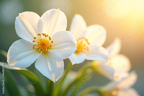 Delicate close up of pristine white flowers with golden yellow centers and soft sunlight illuminating petals