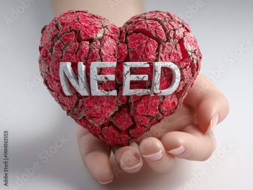 Cracked Heart in Hand Symbolizing Need with Bold Letters