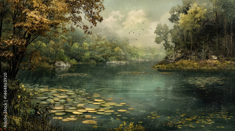 Fototapeta premium A tranquil, autumnal forest lake scene.