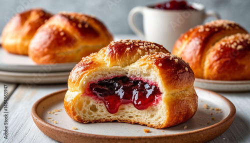 Sweet brioche bun with jam filling, on the table, on a light background, professional photography, AI Generated.