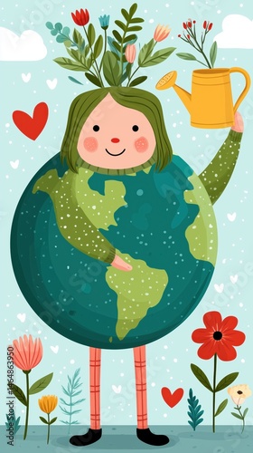 Cheerful Child Holding Watering Can on Beautiful Earth with Colorful Flowers and Plants, Symbolizing Environmental Care and Nurturing Nature