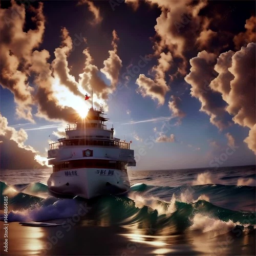 Stormy Sea with Small Ship Stranded on the Shallows and Clouds Floating Across the Sky