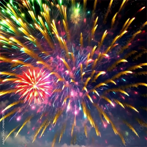 Colorful Fireworks Exploding in Night Sky with Vibrant Trails and Festive Atmosphere