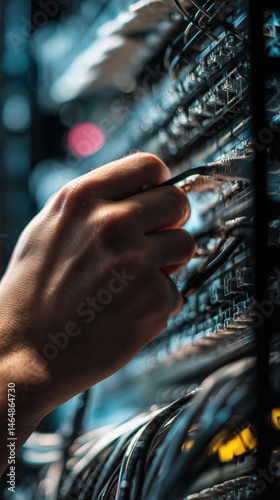 Close-up of technician connecting cable to data server in high-tech server room