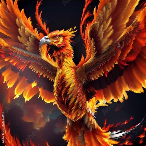 Majestic Phoenix Rising from Flames with Glowing Fiery Feathers Against Dark Background