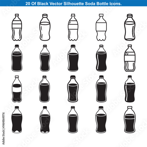 Twenty Black Soda Bottle Icons Silhouette vector collection.