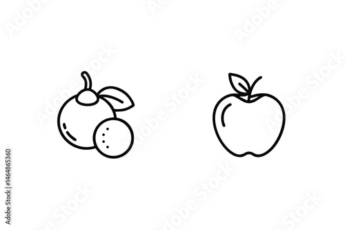 Simple line art illustration of fruits including an apple and orange on white background
