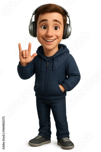 Cartoon character smiling and gesturing with headphones on  