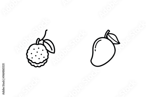 Line art illustrations of exotic fruit including mango and mangosteen on white background