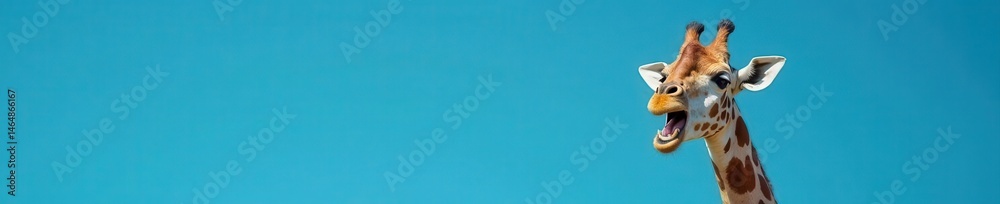 Naklejka premium Amazed giraffe portrait, open mouth, blue background, blue, whimsical, long neck
