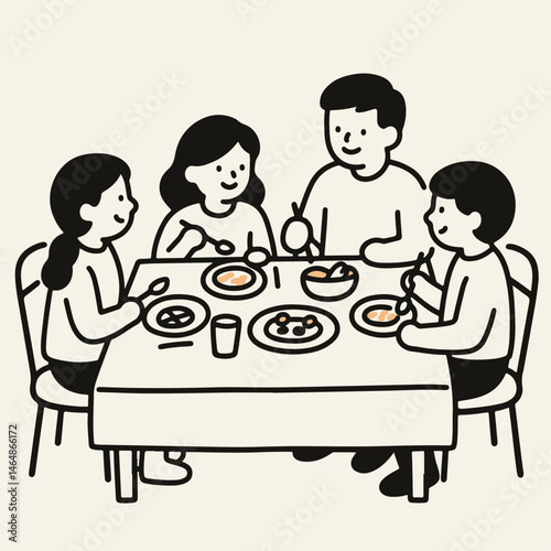 A simple black-and-white illustration vector  shows a family of four eating dinner together at a square table. 