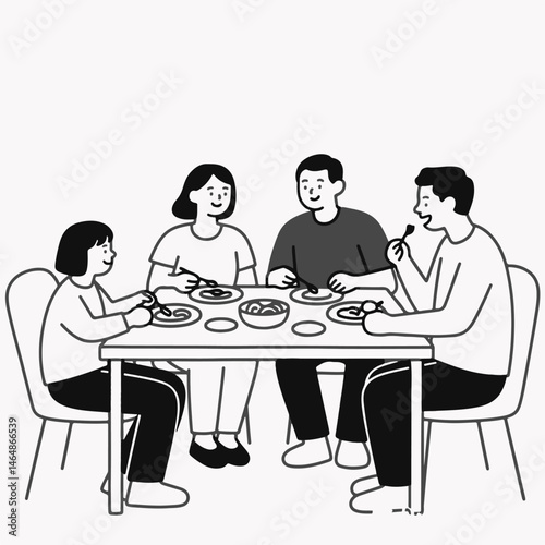 A simple illustration vector shows a family sharing a meal together. 
