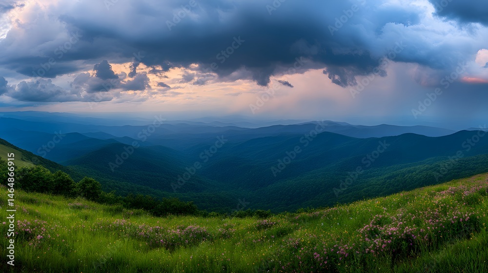 Fototapeta premium Vast mountain range under dramatic sky at sunset.