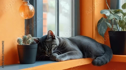 Grey cat resting on a sunny windowsill in a cozy room with plants and warm colors
