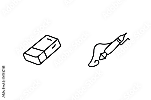 Simple vector illustration of eraser and fountain pen in minimalist line art style