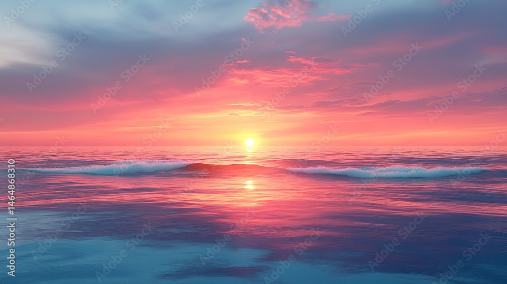 Fototapeta premium Calm ocean horizon at sunset with colorful sky and soft surf 