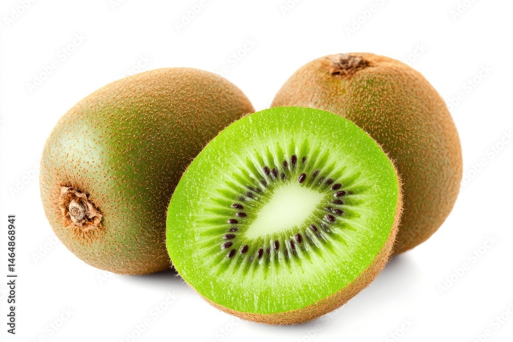 Obraz premium Fresh kiwi fruit, whole and halved, displaying vibrant green flesh and brown fuzzy skin