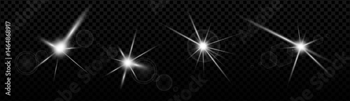 Radiant starburst with lens flare, glowing sparkles and abstract light effects. Magical glow in dark space. Dynamic particles, twinkling stars and sunbeam shine for festive or scientific themes. Eps