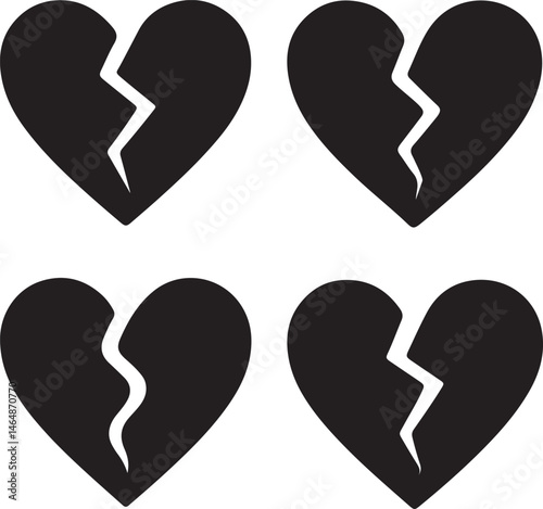 set of broken heart shape icon silhouette design vector art illustration.