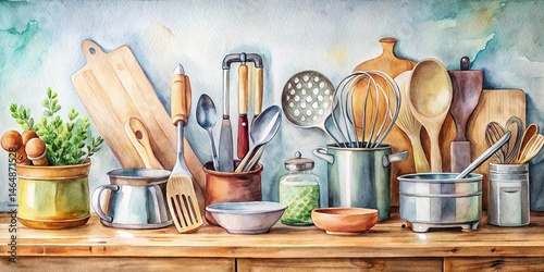 A watercolor painting of a rustic kitchen countertop displaying an assortment of vintage cooking utensils, wooden cutting boards, and a charming ceramic pot filled with fresh herbs.