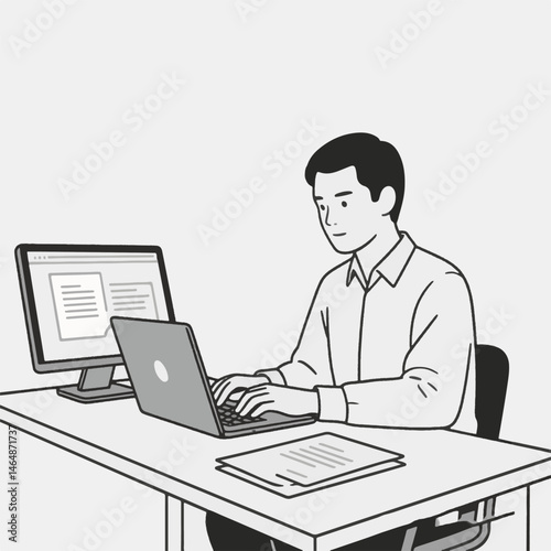 A person vecotr  sits at a desk, typing on a laptop next to a monitor. photo