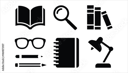 Study Essentials Icon Set. Books, Magnifying Glass, Lamp & More.