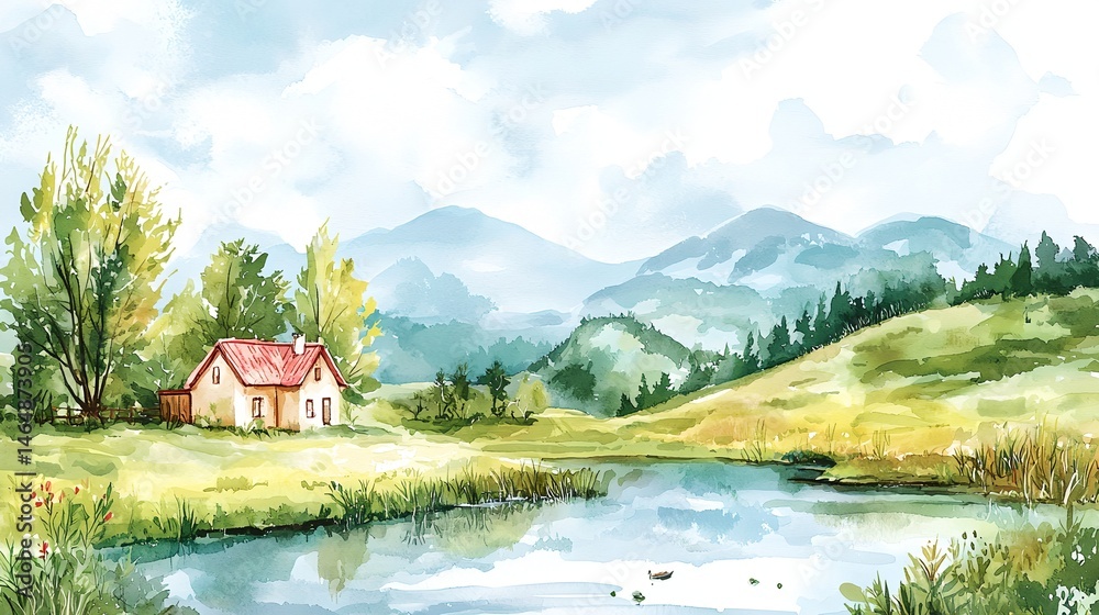 Fototapeta premium A house sits on a hill overlooking a river