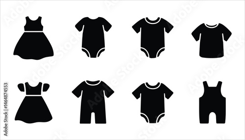 Children's Clothing Set Icons. Baby Dress, Bodysuit, and Romper Vector.