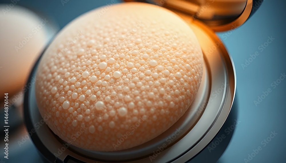 Obraz premium Close Up of Makeup Sponge in Black Compact with Golden Glow on Blue Background