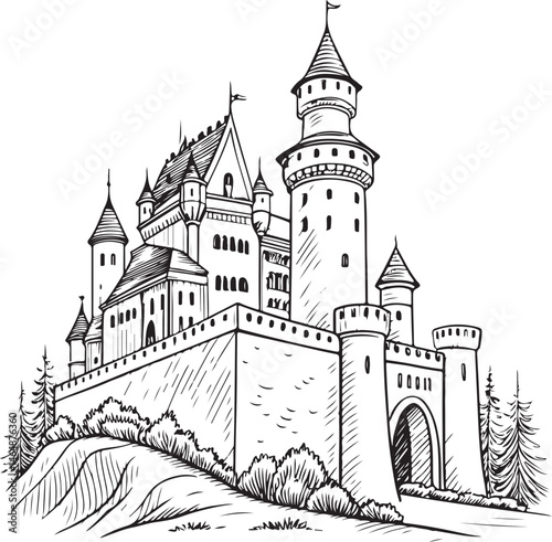 Castle, Fairy Tale, Black and White Vector Illustration, Sketch Drawing Line Linear Symbol Icon Engraving, Hand-drawn Isolated