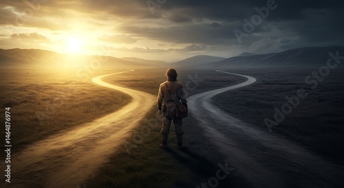 Person at Crossroads with Two Paths Landscape