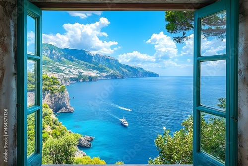 Beautiful coastal view from open window, Mediterranean sea, Amalfi coast, scenic landscape, travel destination, summer vacation, seaside escape