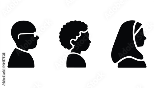 Silhouette Icons of People with Glasses, Curly Hair, and Long Hair,