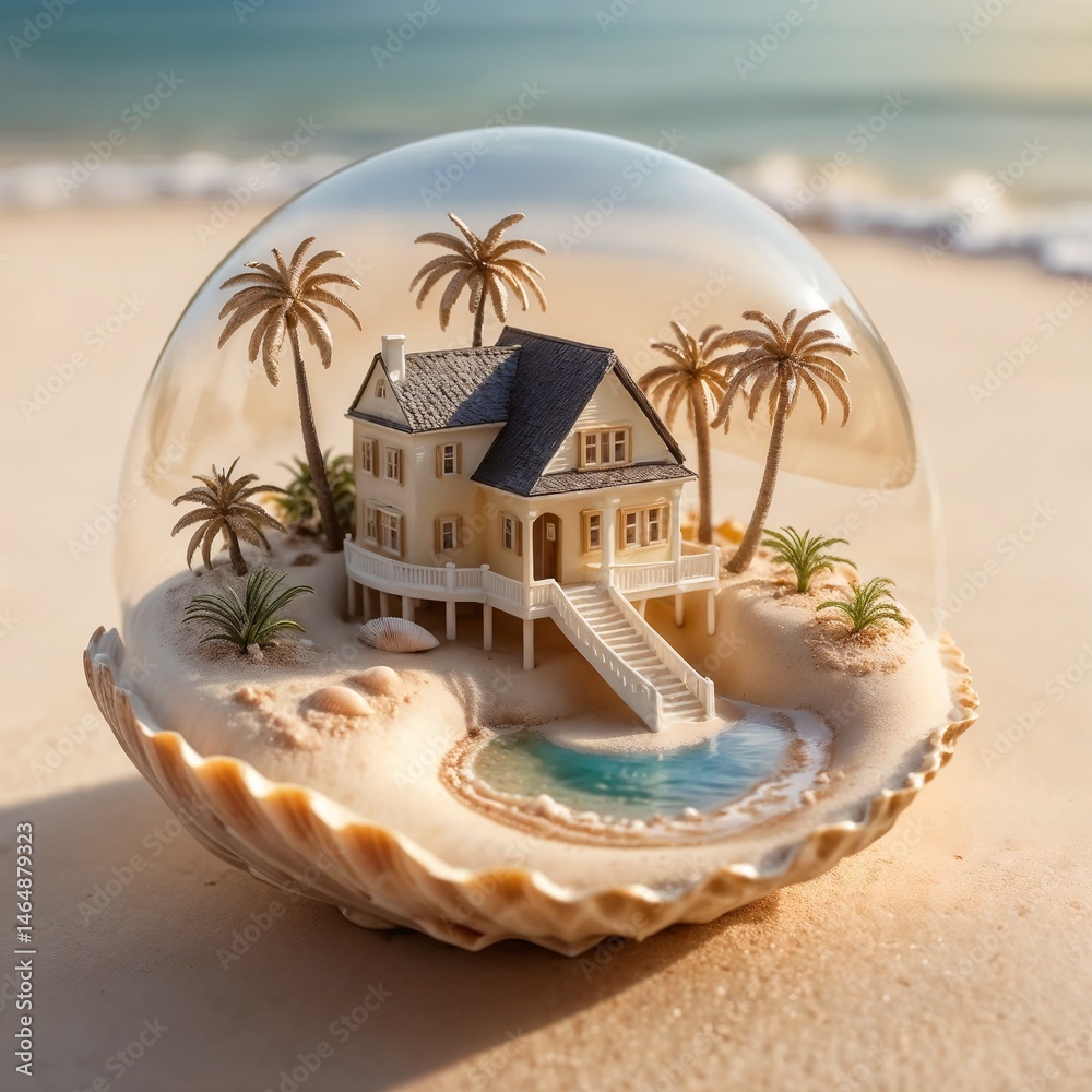 Miniature beach house inside a snow globe on sandy shore
