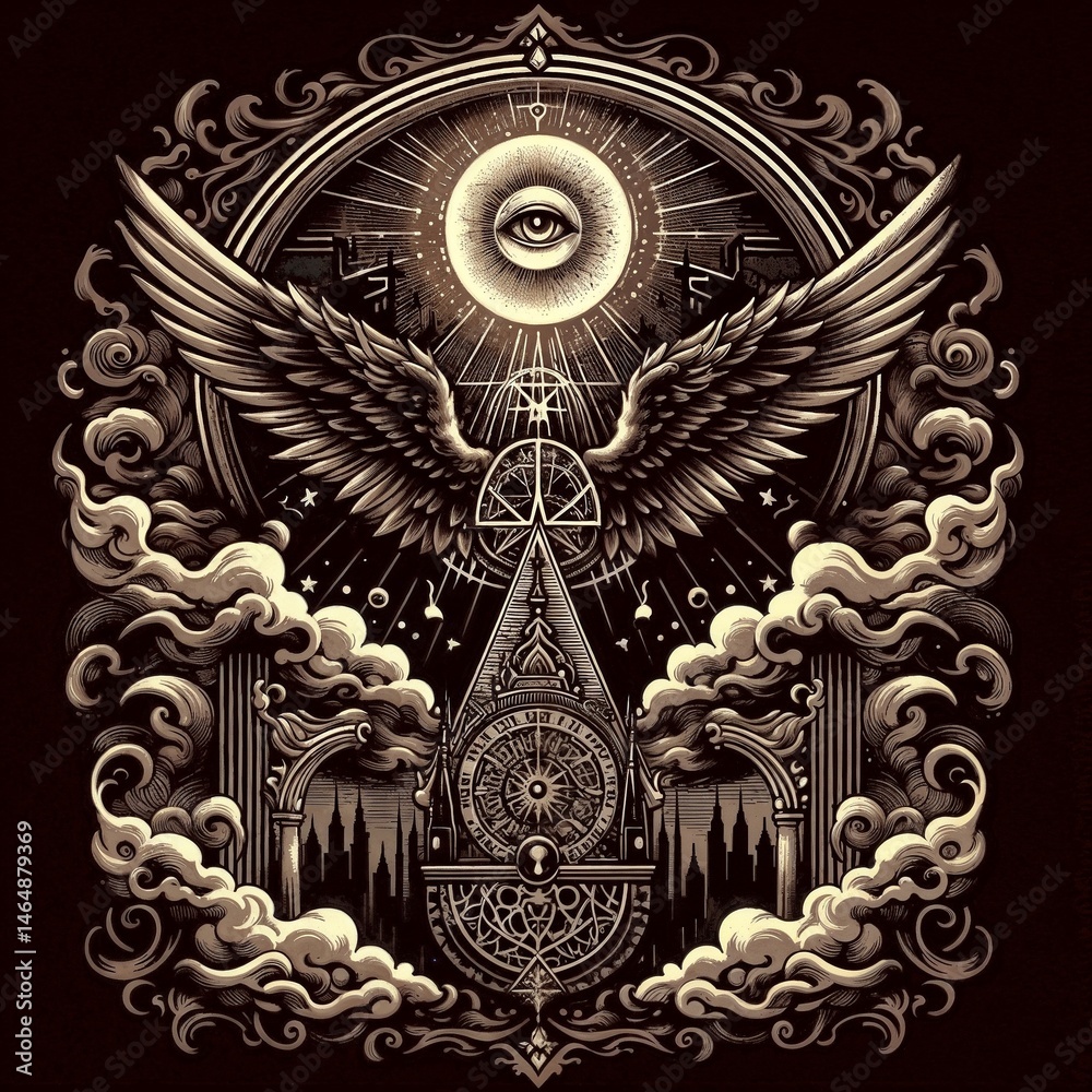 Mystical illustration of an eye and wings surrounded by clouds