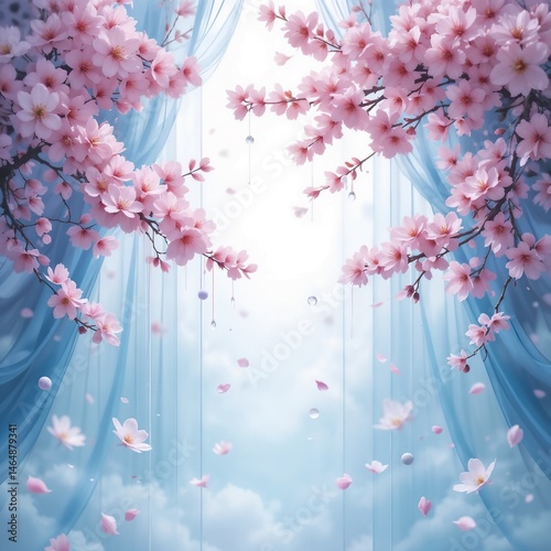 Obraz na płótnie Blossoming cherry blossoms in a serene blue background w salonie