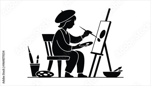 Artist Painting Silhouette on Canvas with Brush and Palette